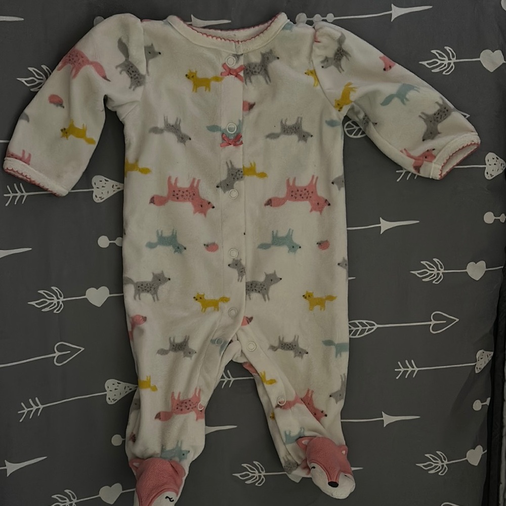 Baby One-Piece Fox Print Footed Sleeper - White with Pink, Yellow, Gray, Blue